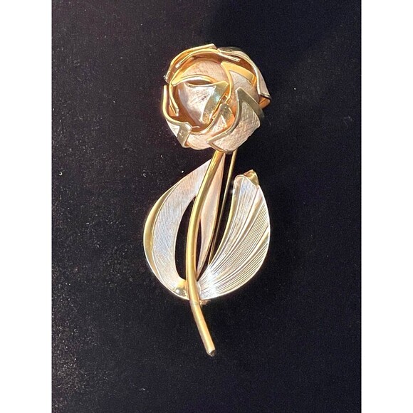 Vintage 3D Rose Bud Brooch, 3" Long, Gold Plated Textured Accents - Picture 1 of 9